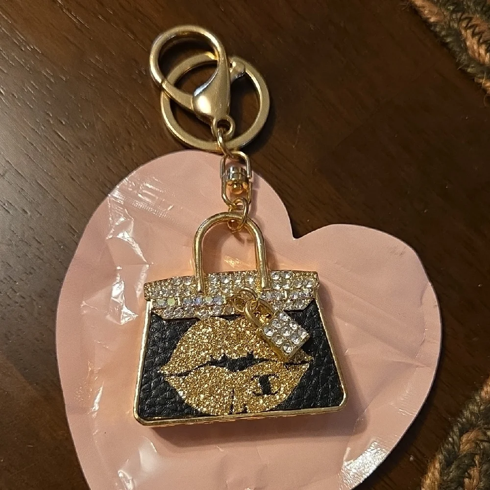 Gold and Black Purse Keychain with Rhinestones NWOT Just Lovely On Purse